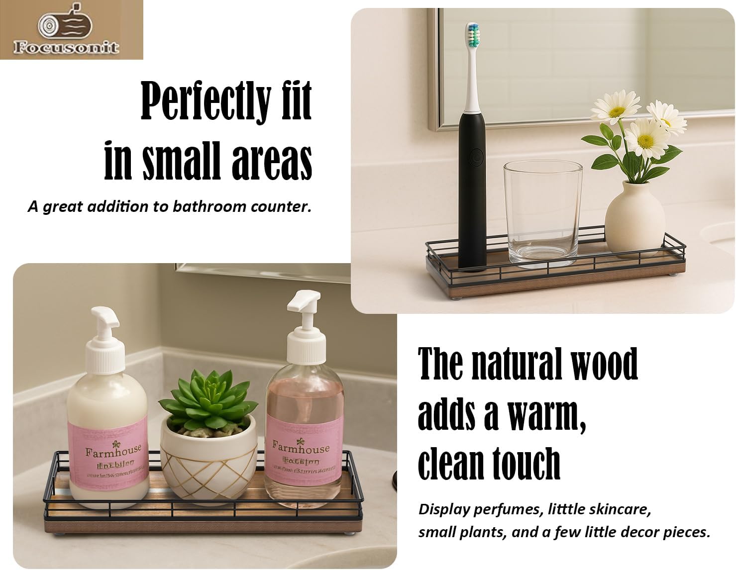 Wood Bathroom Vanity Tray / Acacia / 11 x 4.3 x 1.5