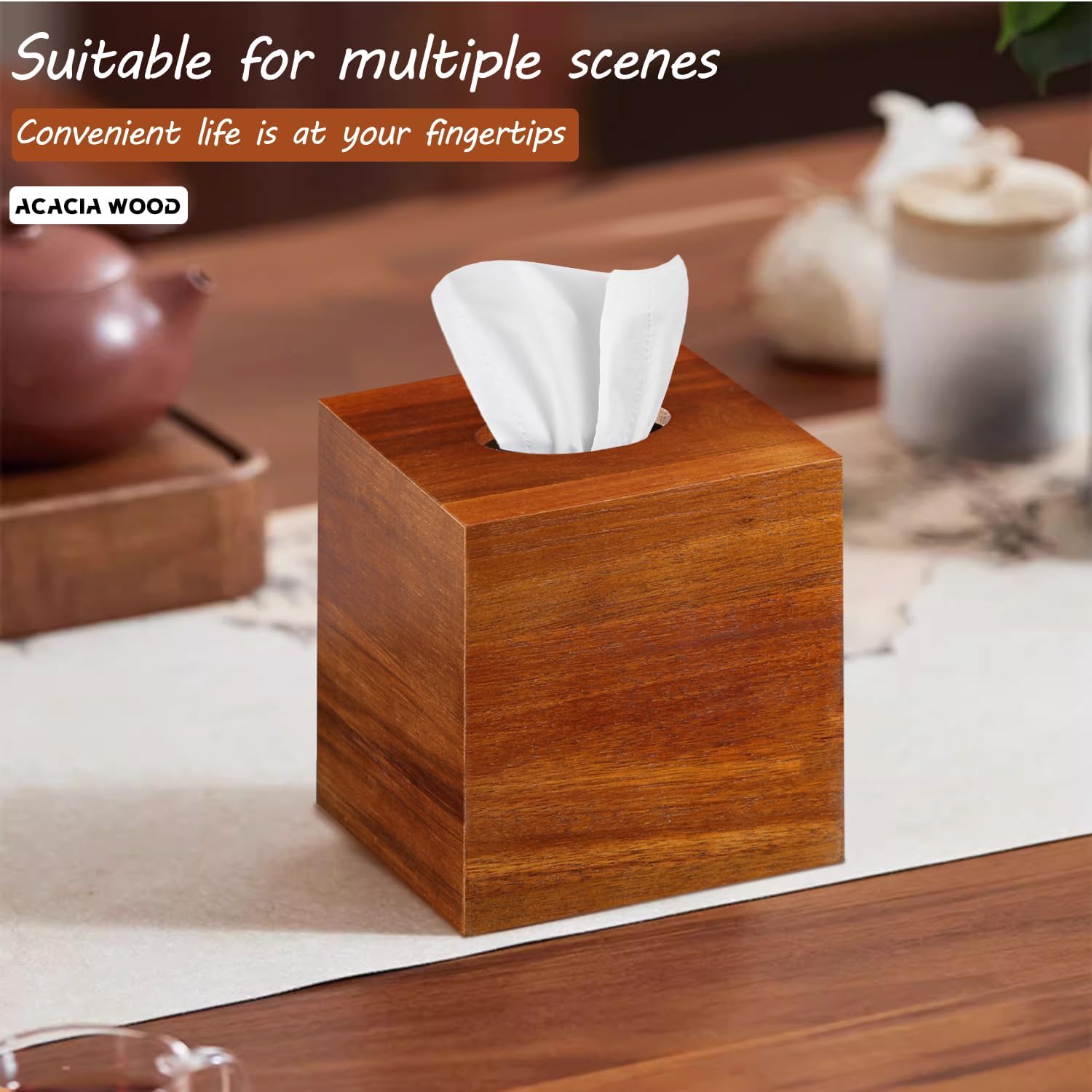 Acacia Wood Tissue Box Holder for Desktop Nightstand Bathroom Office / Brown