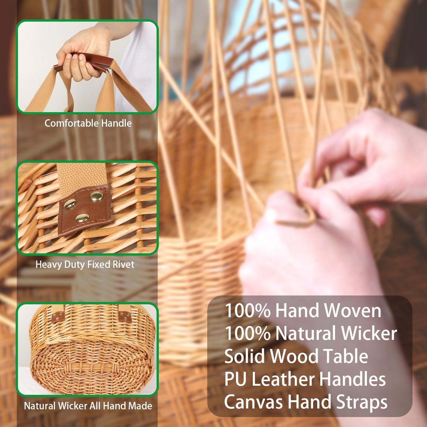Wicker Picnic Basket Set for 2 / 2 Person / Green