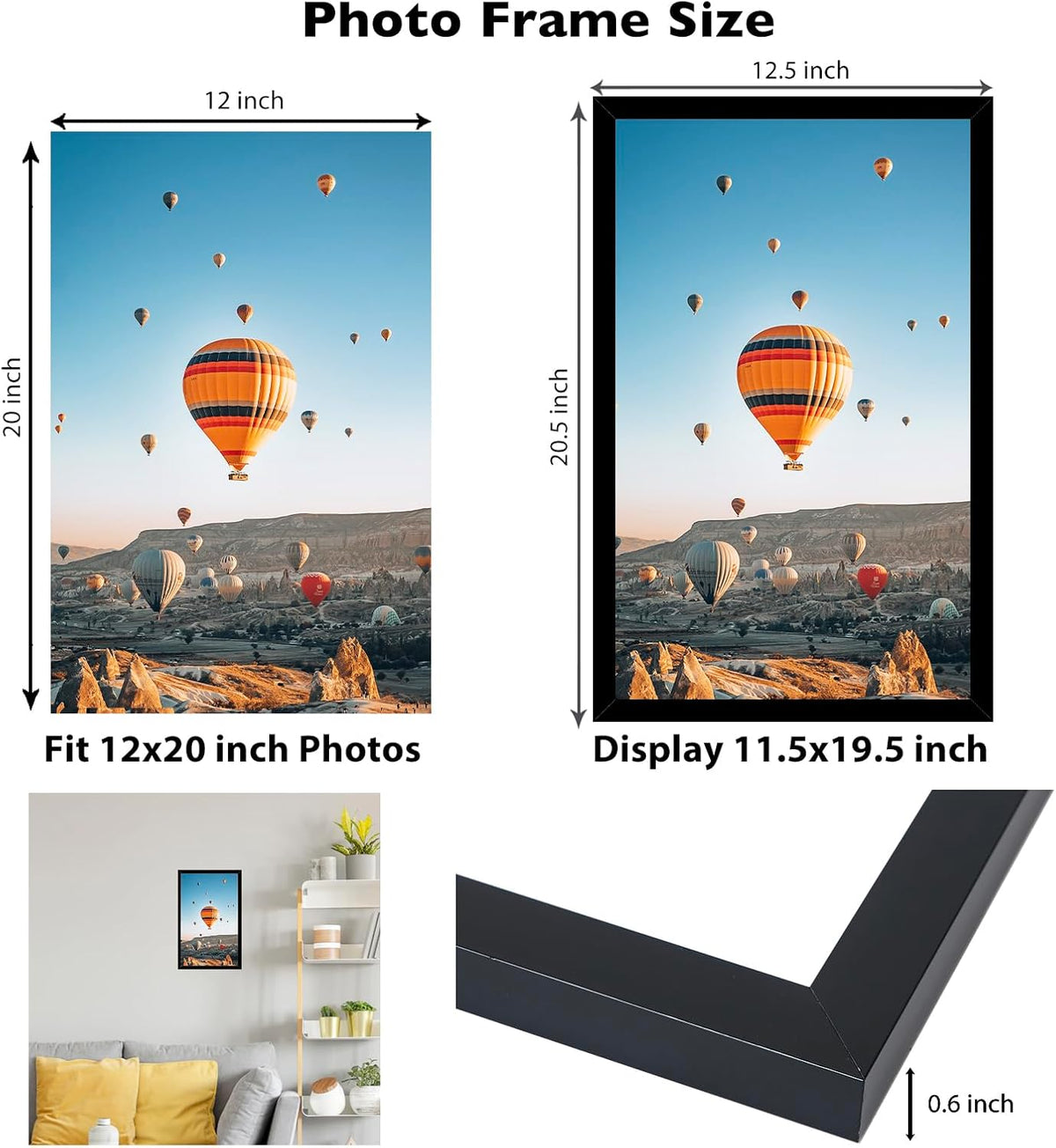 JCJMY 12x20 Picture Frame Set of 4 Black for Poster Photo Picture, Horizontal and Vertical Formats for Wall Hanging, 12