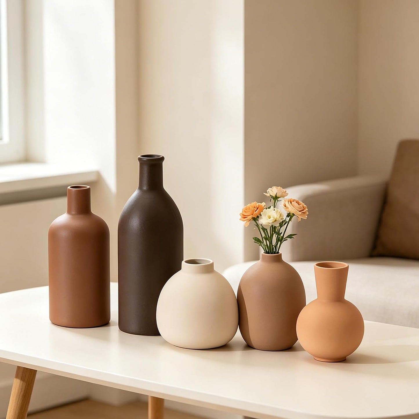 Small Ceramic Flower Vase Set / Brown / Set of 5