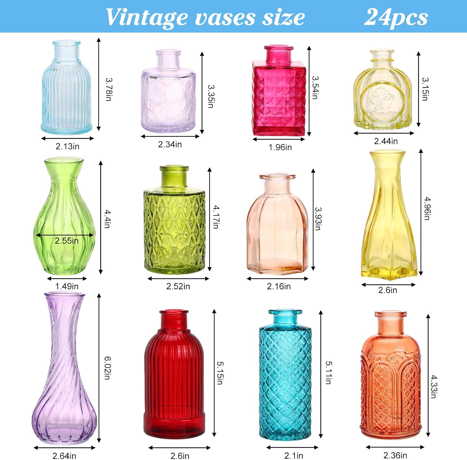 Colorful Glass Bud Vase Set / Multicolor / Set of 24