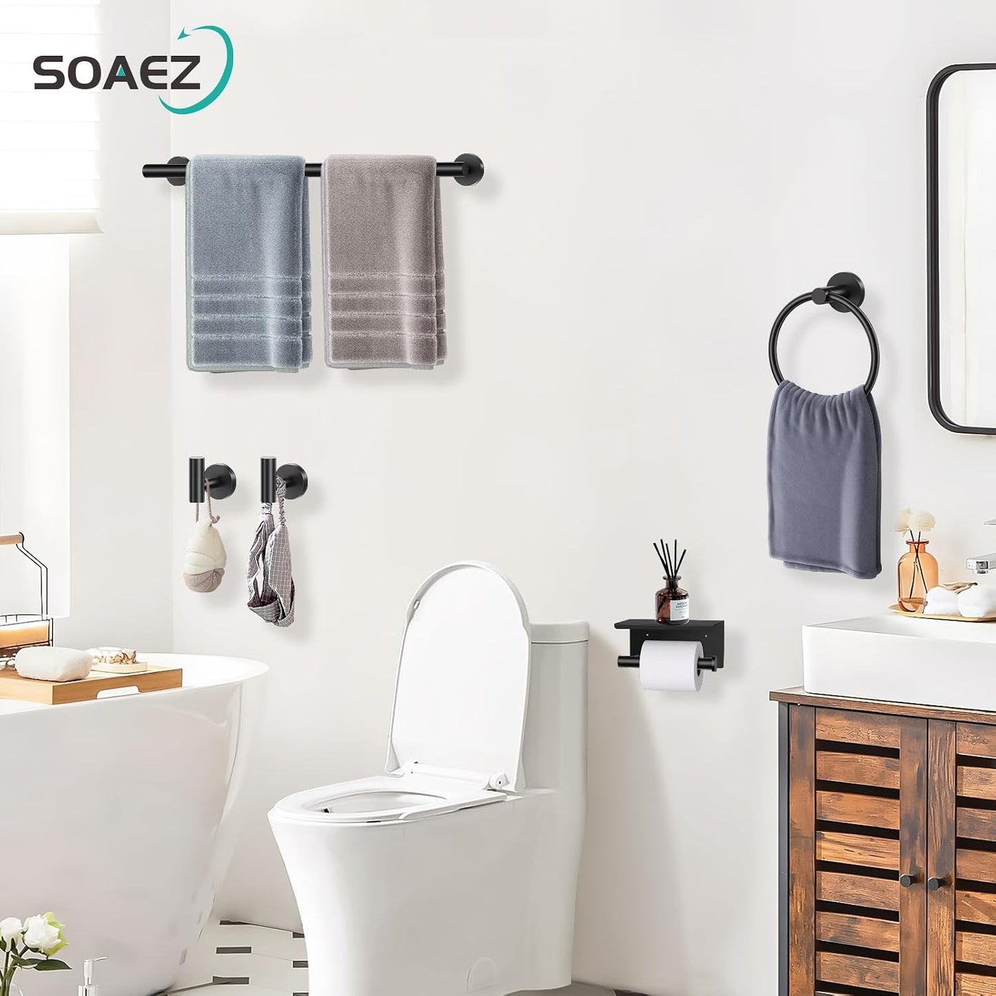 Matte Black Bathroom Hardware Set, 5 Pieces Black Towel Bar Bathroom Accessories Set, Upgraded Toilet Paper Holder with