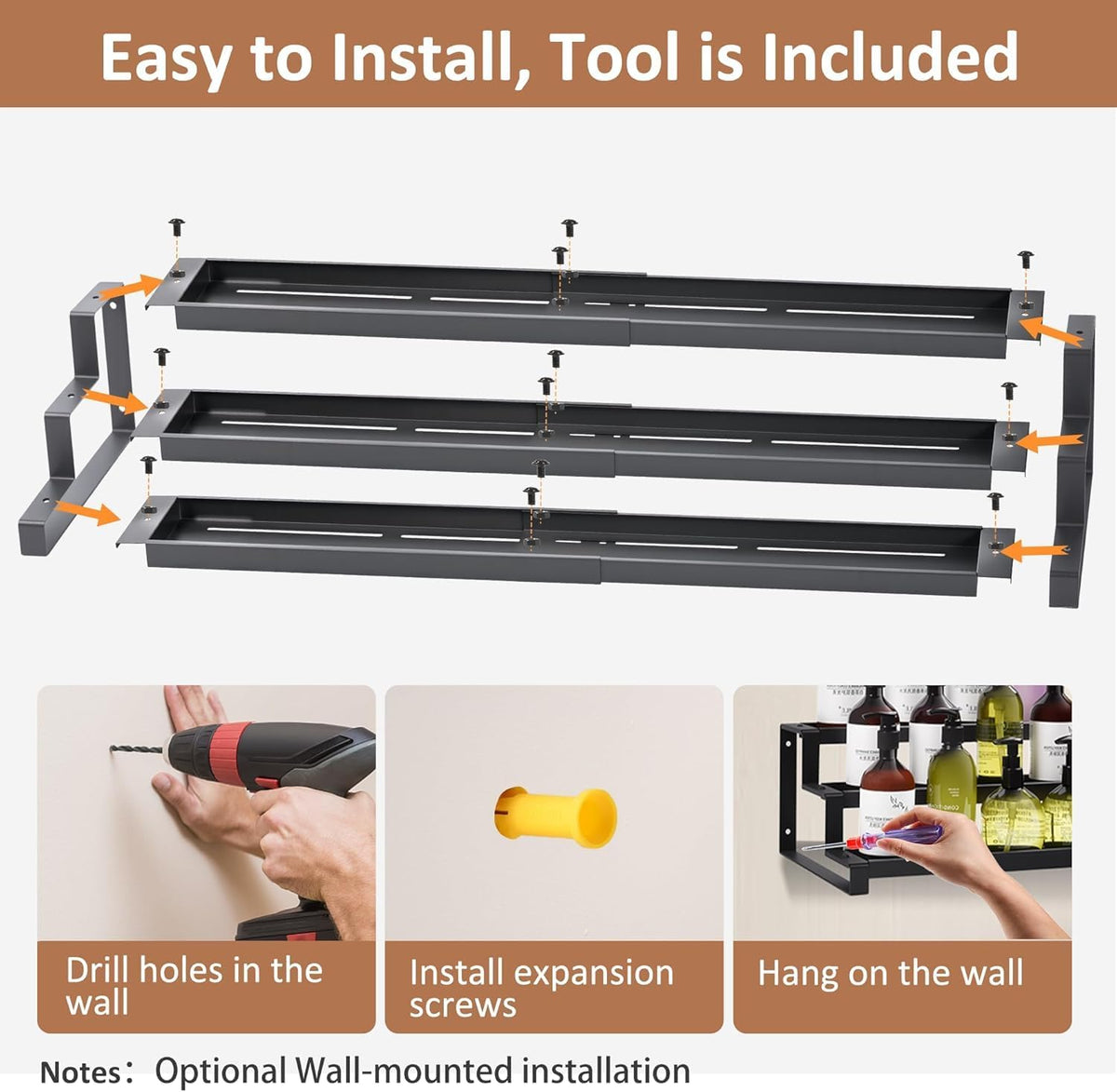 GOENDR Expandable Spice Rack Organizer for Cabinet, 3 Tier Metal Spice Organization,16"-29.5" Wide Adjustable Seasoning