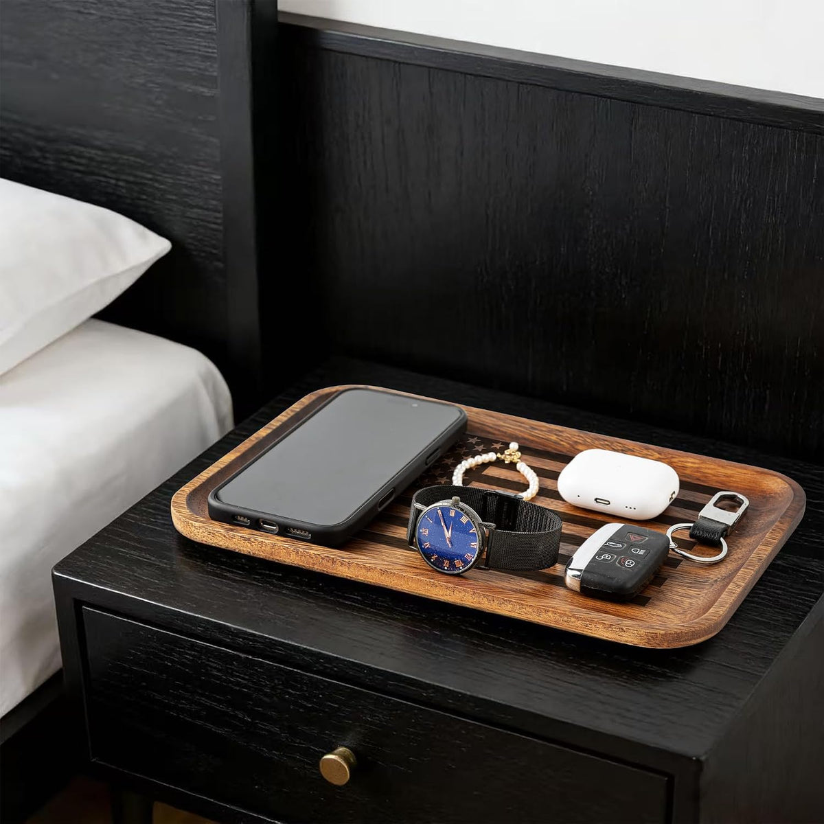 2PCS American Flag Serving Acacia Wood Valet Tray for Men Women Catch All Acacia Wooden Tray Gift, Mens Key Tray
