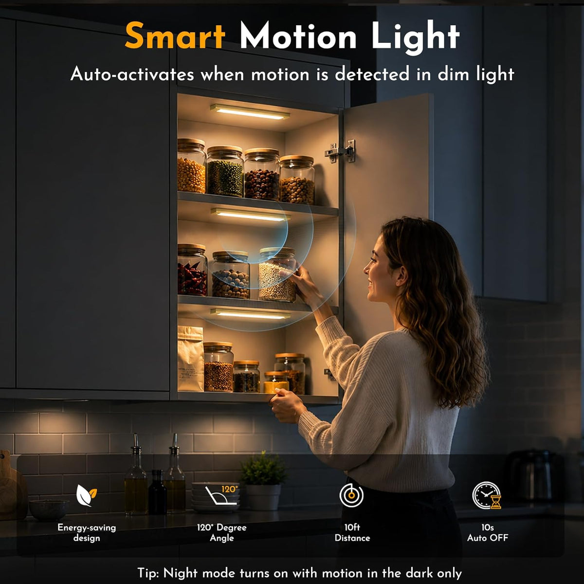 V4light Motion Sensor Cabinet Light, Rechargeable, Dimmable, 6Pcs, 9in | Gold aluminum, magnetic wireless, 1800mAh, 3