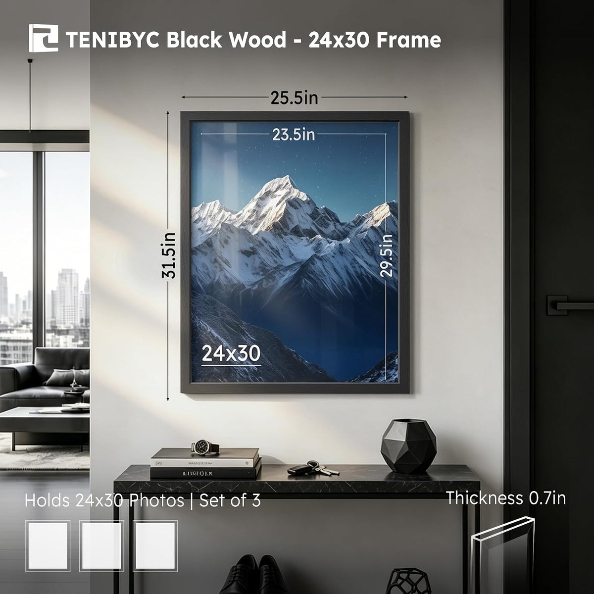 24x30 Picture Frame, Black Wood, 3 Pack, Wall Hanging for Poster | Thick Polished Plexiglass, Museum Poster Frame for