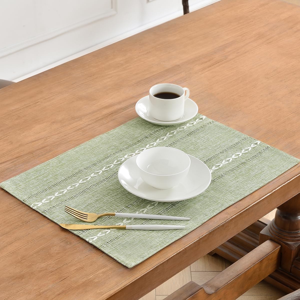 Wracra Cotton Linen Place Mats, Sage Green Embroidered Placemats Set of 8 | Placemats 12 x 18 Inch; Cotton Linen Woven