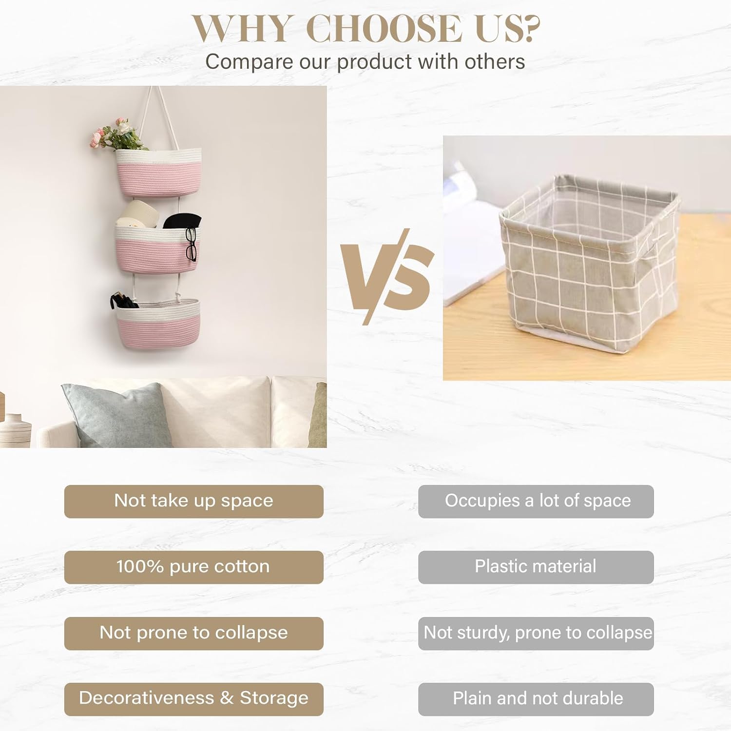 3-Tier Woven Cotton Wall-Mounted Storage Organizer Bag Decorative Hanging Nursery / Pink & White