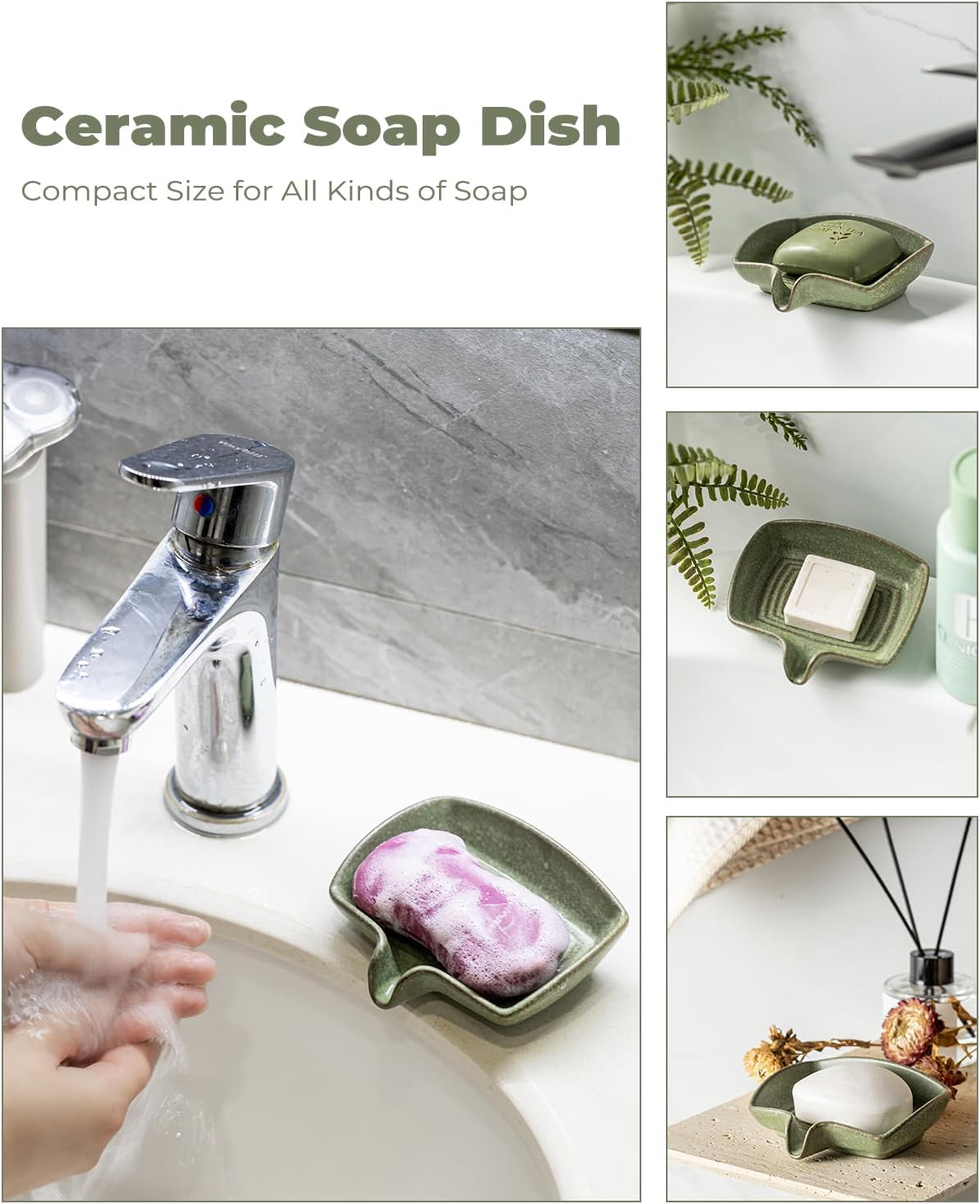 Ceramic Drain Soap Holder Waterfall Design Soap Saver for Shower / Green / Rectangular