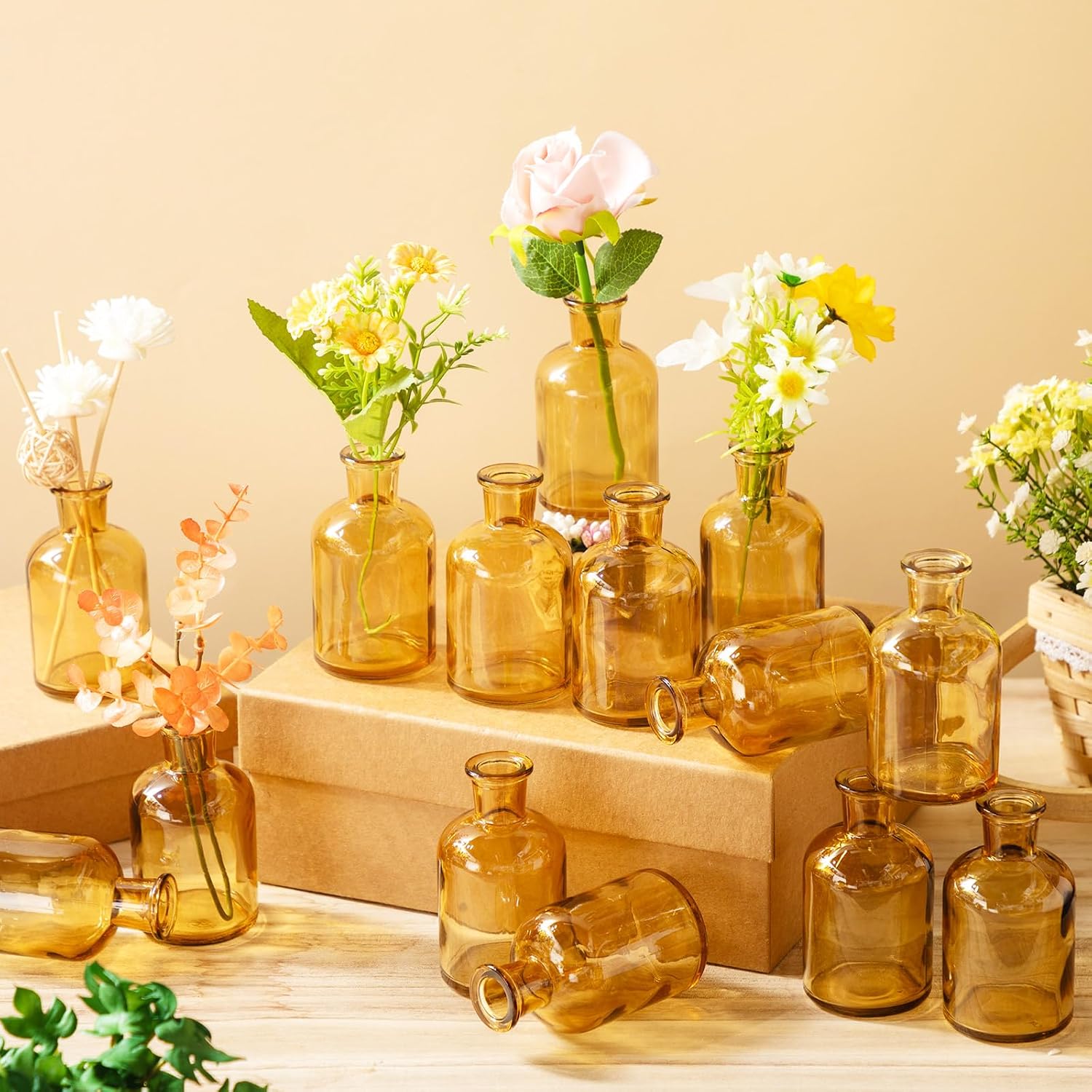 Small Glass Bud Vases Bulk Mini Flower Vases for Centerpieces / 4 Inches / Amber / Set of 15