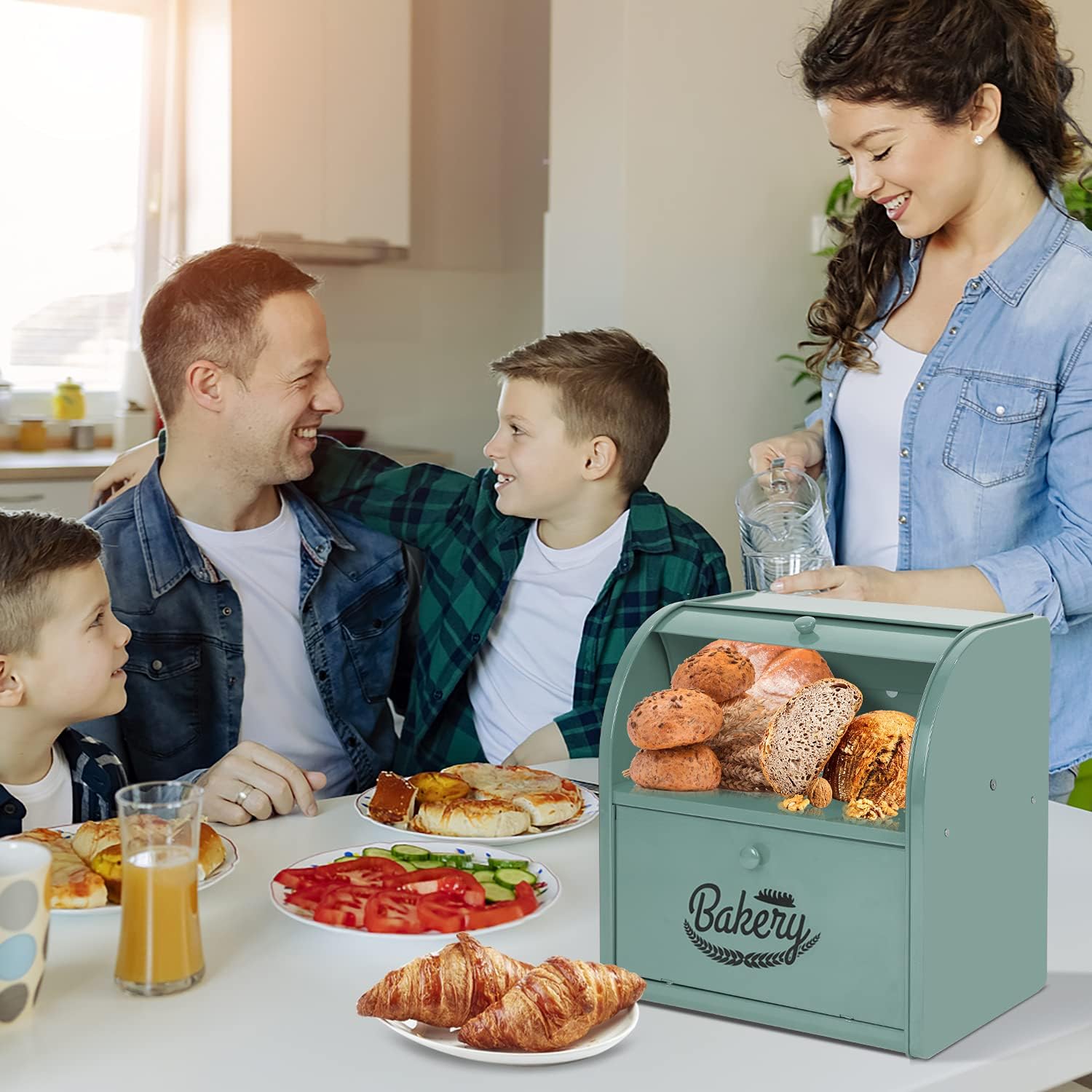 Stainless Steel Bread Box, 2 Layer Roll Top Bread Boxes, Large Capacity Food Storage Container for Kitchen Counter