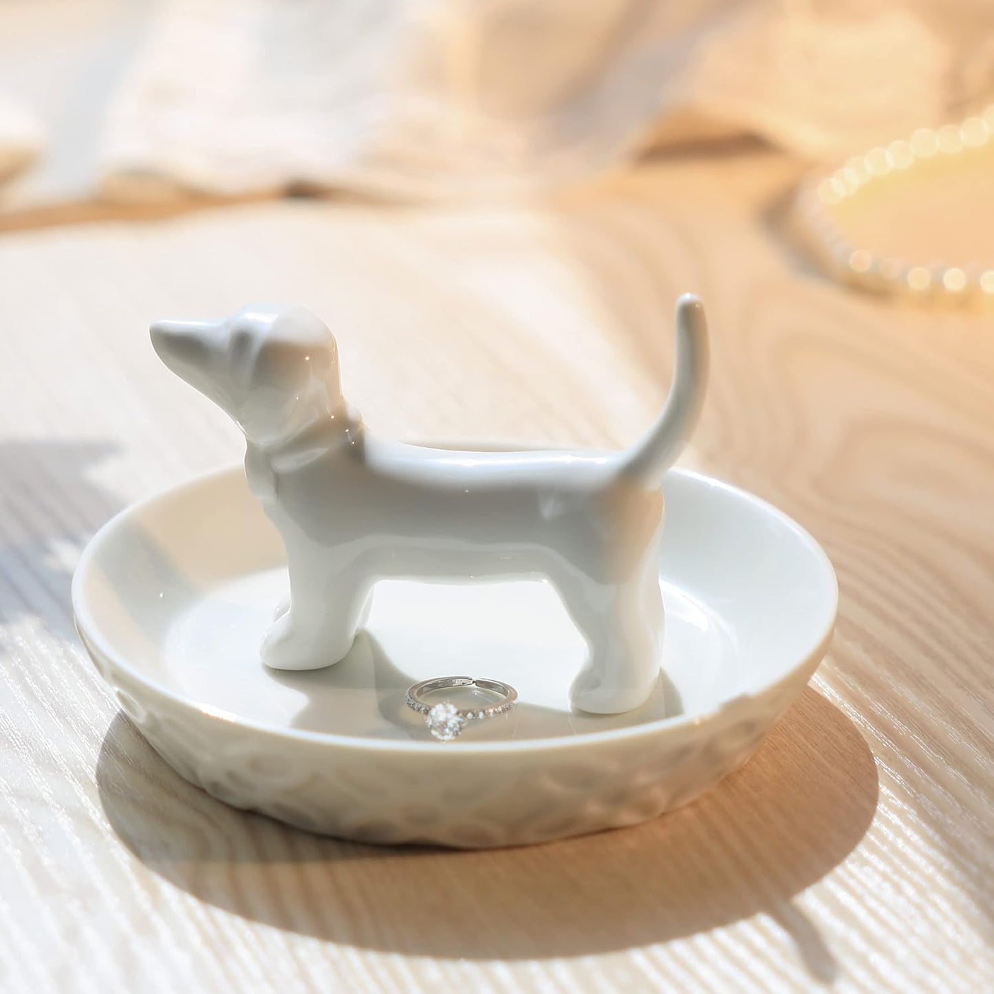 Ceramic White Jewelry Holder / White Dog