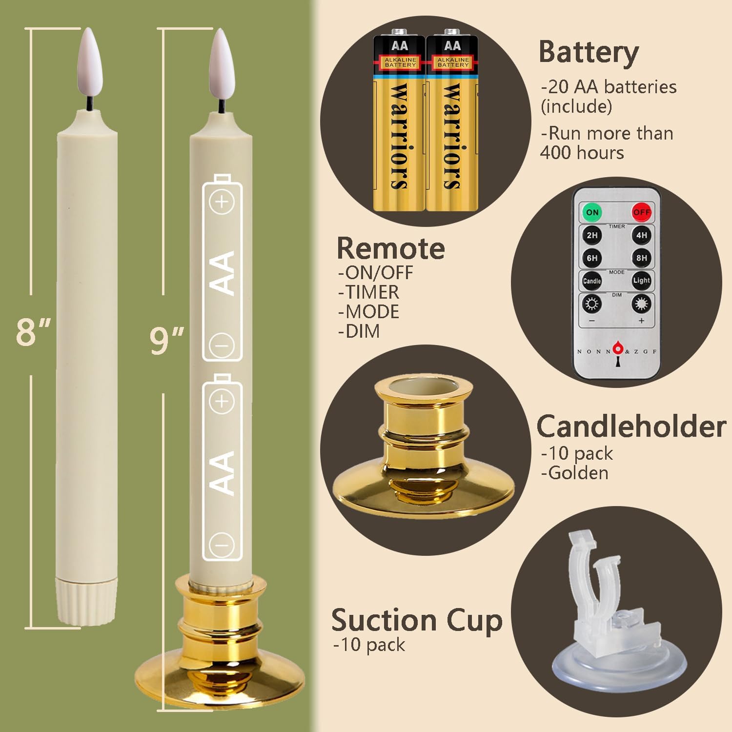 10 Pack Window Candles +20 AA Batteries(Include,Run More Than 400 Hours) + Candleholders + Suction Cups+ 2 Remote. 8''