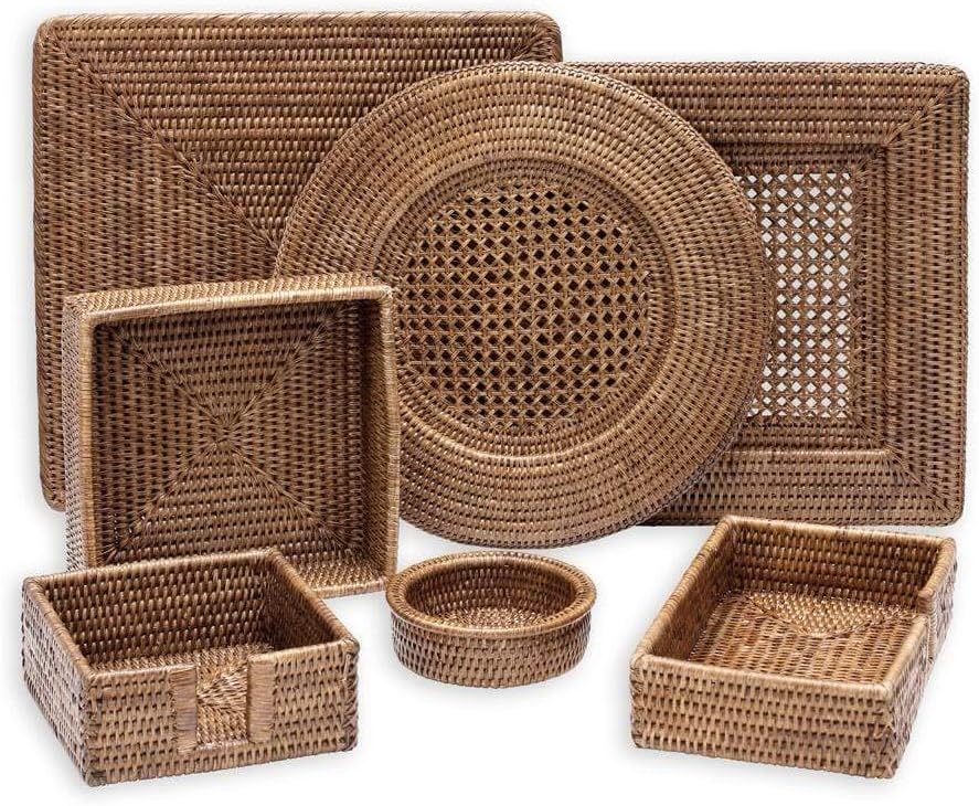 Rattan Wine Bottle Coasters in Dark Brown / Natural / Set of 2