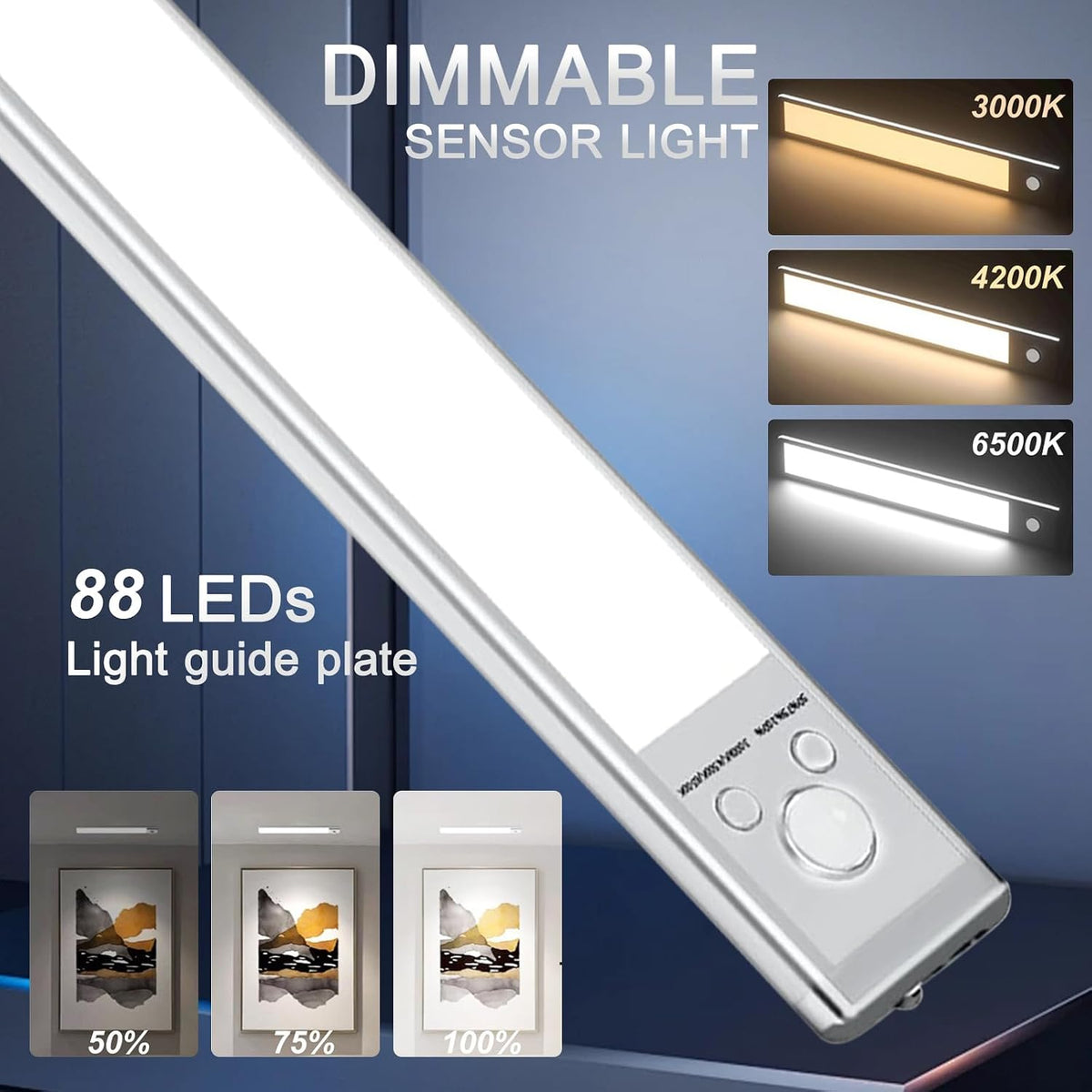 6 Pack Under Cabinet Lighting, 12in Rechargeable Motion Sensor Light Indoor | 3 Color Temperatures, 88 LEDs, Wireless