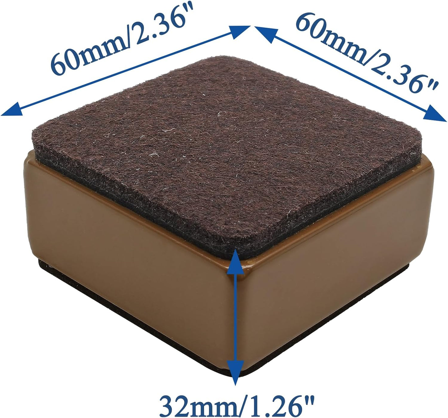 Self-Adhesive Furniture Bed Risers / Brown, Square / 2.4"L x 2.4"W x 1.2"H / Set of 4