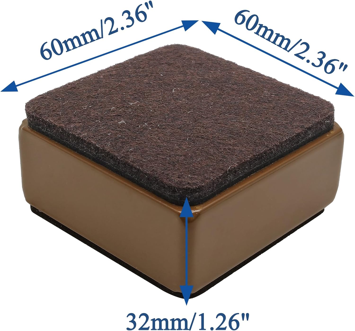 Self-Adhesive Furniture Bed Risers / Brown, Square / 2.4"L x 2.4"W x 1.2"H / Set of 4