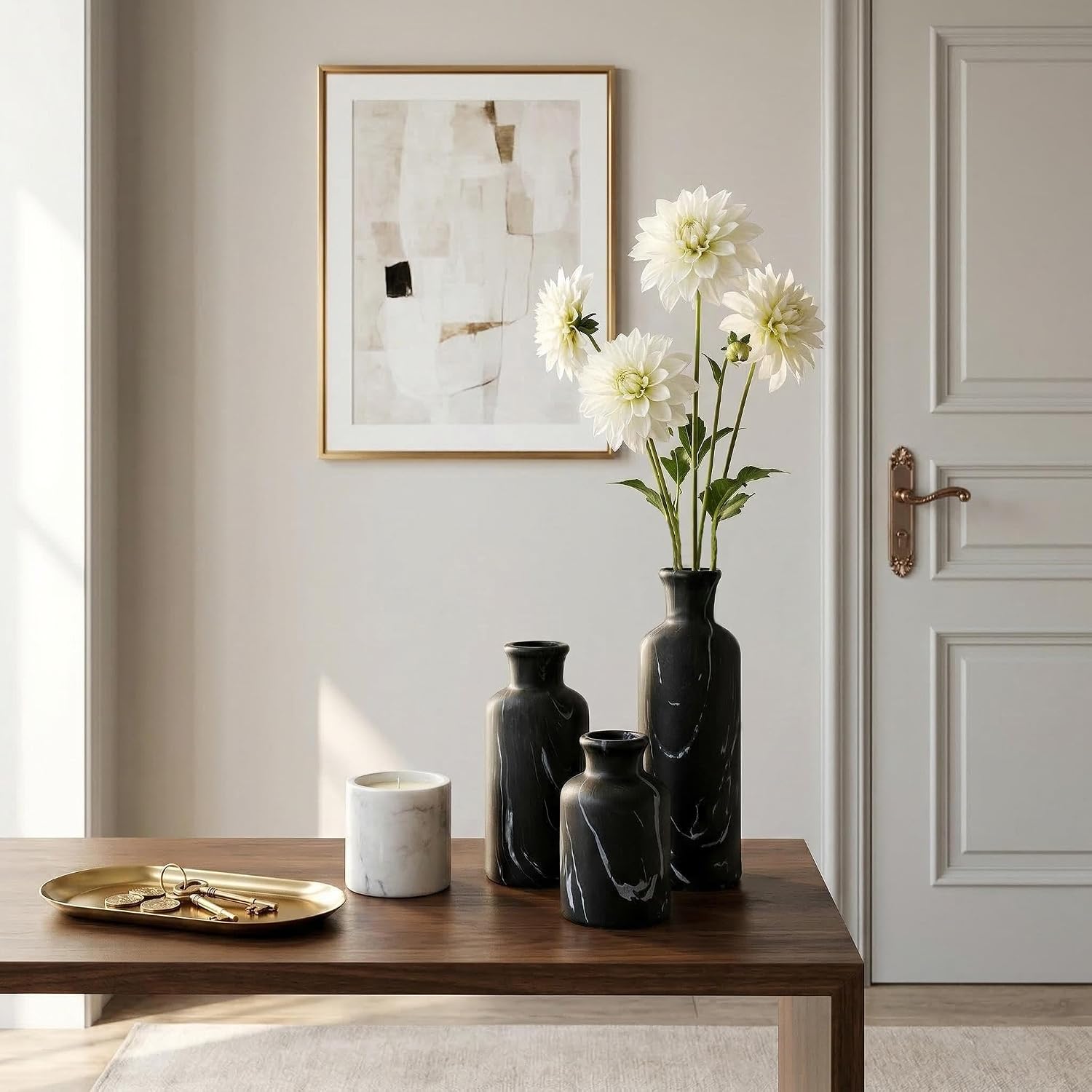 Modern Ceramic Flower Vase / 103-black Gray Marble / Set of 3