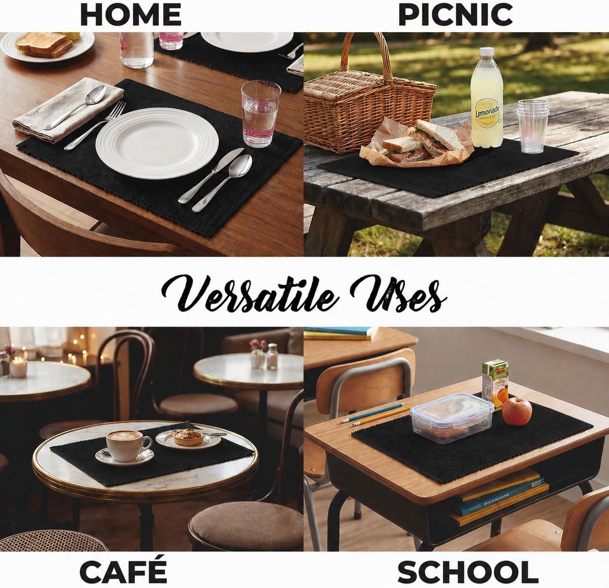 100% Cotton Ribbed Placemats - Set of 6-13 x 19 Inches - Black - Everyday Cloth Table Mats - Thick Construction