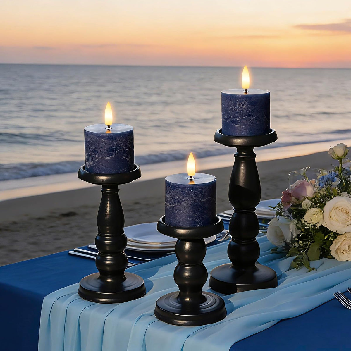 Navy Blue Flameless Candles with Remote and Timer, Fake Candles Set of 3 | 3 x 3 Inch Battery Operated Pillar Candles