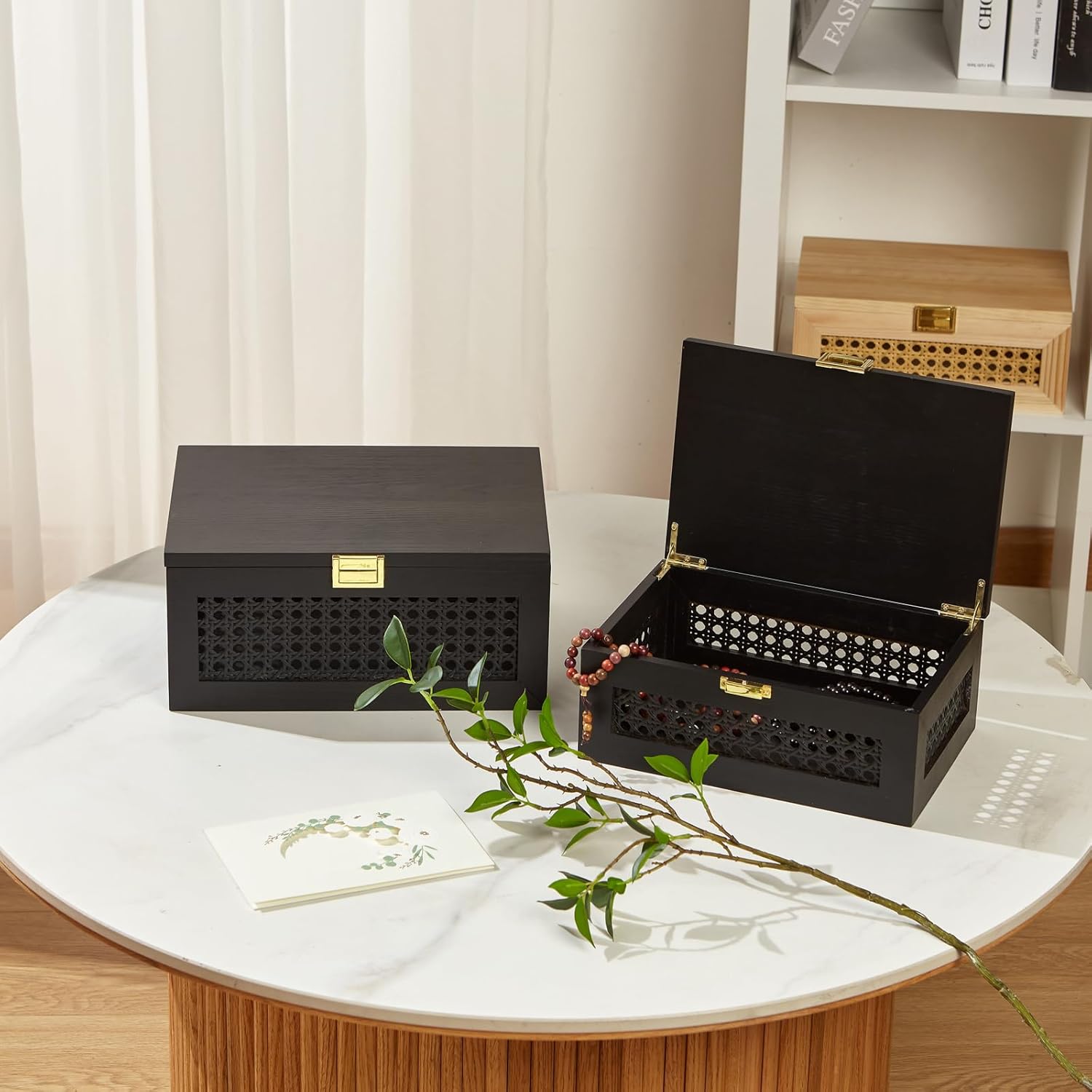 Decorative Rattan Storage Boxes Solid Wood Woven Baskets Bins / Black