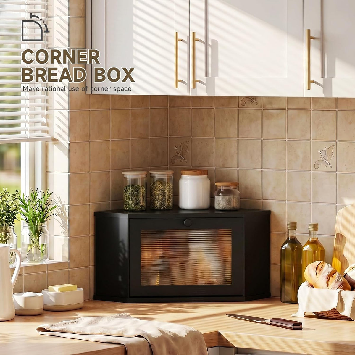 Corner Bread Box For Kitchen Countertop,Bread Storage Bin (Black, Medium) | Small Bamboo Bread Container,Corner Shelf