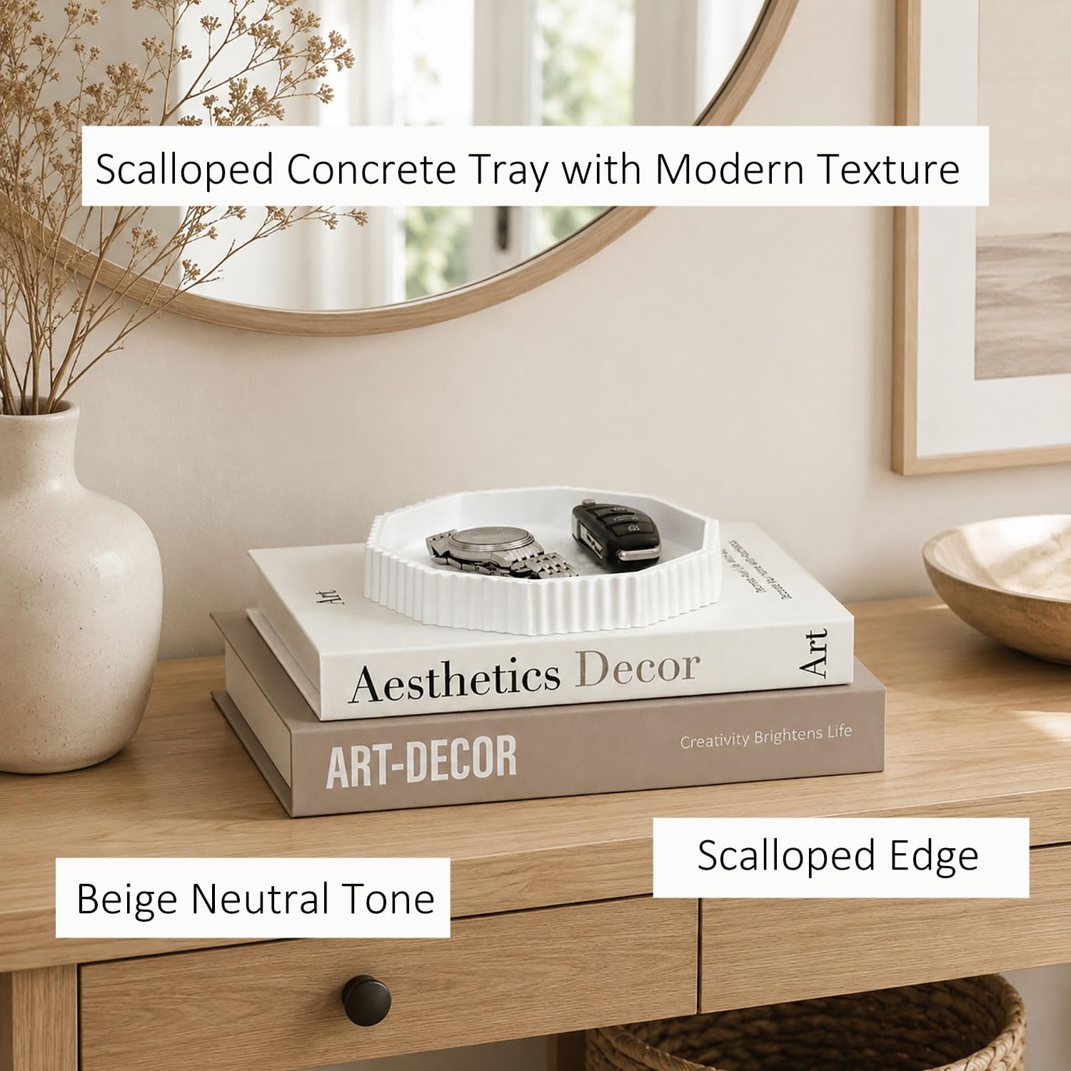 Decorative Concrete Tray & Linen Faux Book Box Set / Beige