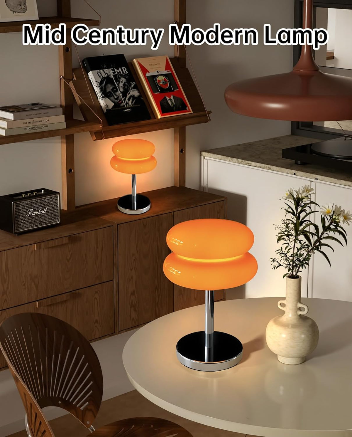 Cordless Orange Mushroom Lamp, Mid Century Modern Glass Lamp 6000mAh Rechargeable Small Table Lamps, Cute Cool Desk