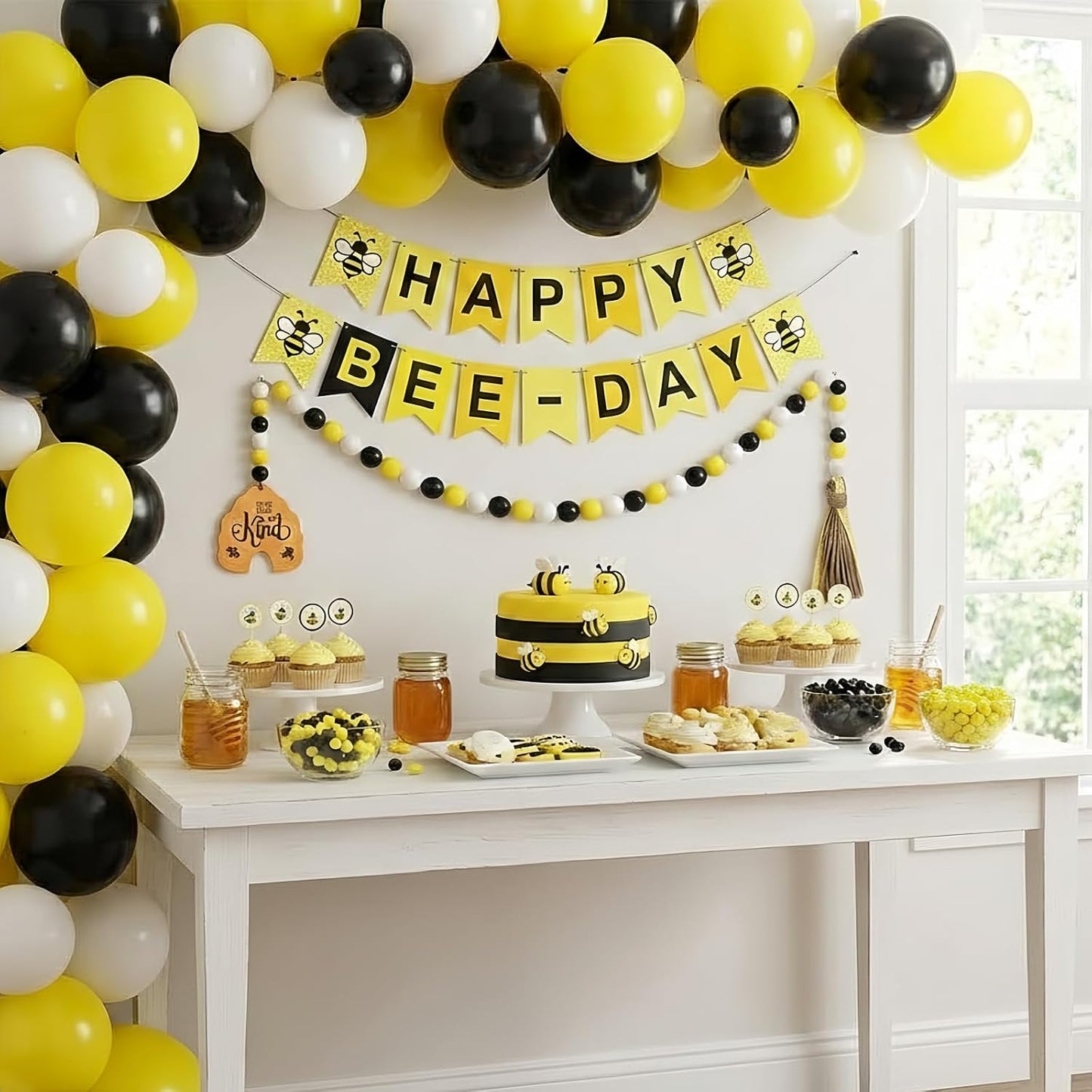Honey Bee Wood Bead Garland Rustic Farmhouse Tiered Tray Decor / Yellow / Set of 2