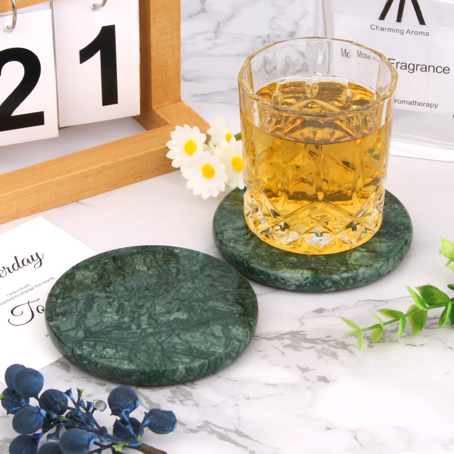 Natural Marble Coasters / Blackish Green / Round / 4 Inch / Set of 4