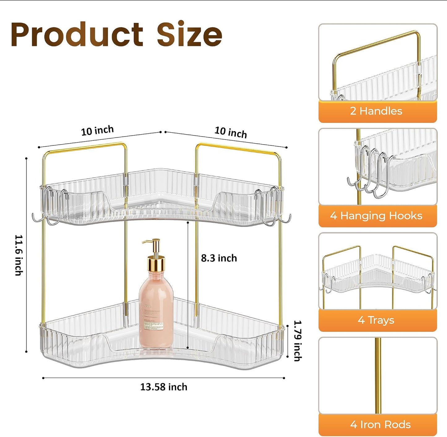 Corner Bathroom Counter Organizer 2 Tier Bathroom Organizers | Storage Countertop with Hooks Skin Care Exquisite Vanity