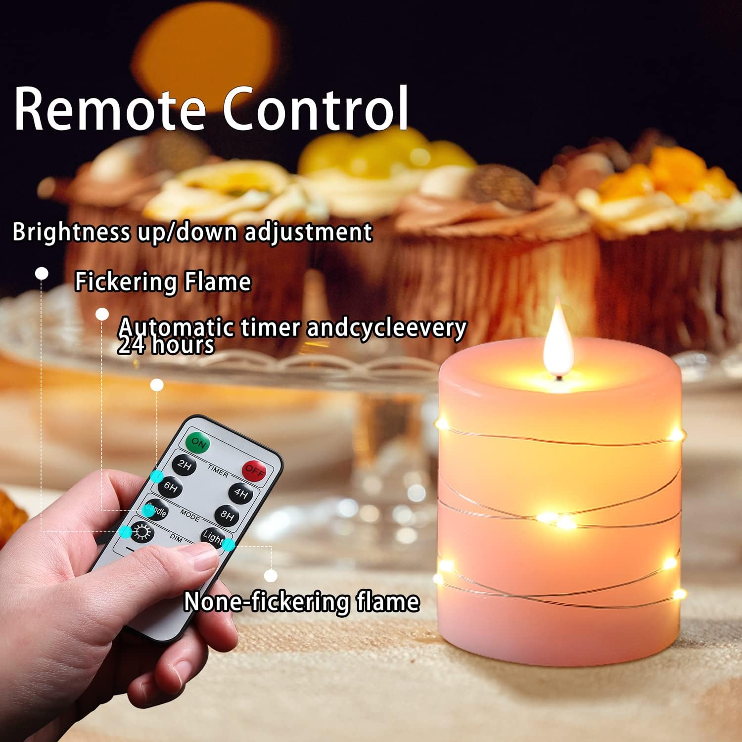 Pink Flameless Candles with String Lights Battery Operated Flickering LED Pillar Candles 4‘’ 5‘’ 6‘’ Candle with Remote