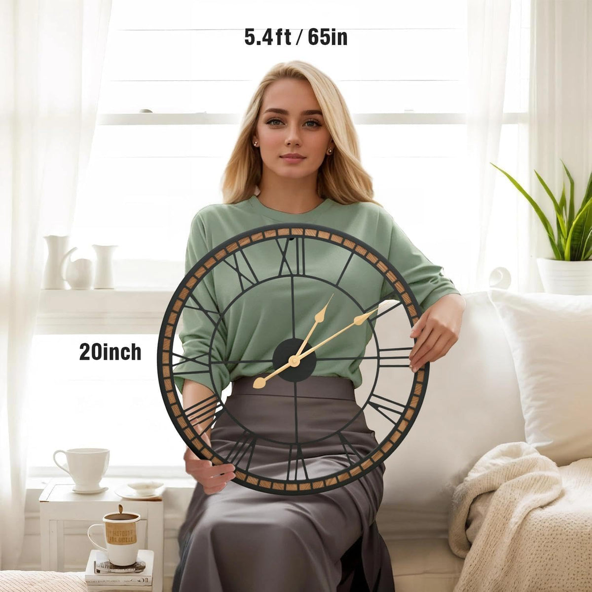 Micasso Modern Farmhouse Decorative Clock: 20 inch Battery Operated | Metal Wood Frame with Metal Center - Roman