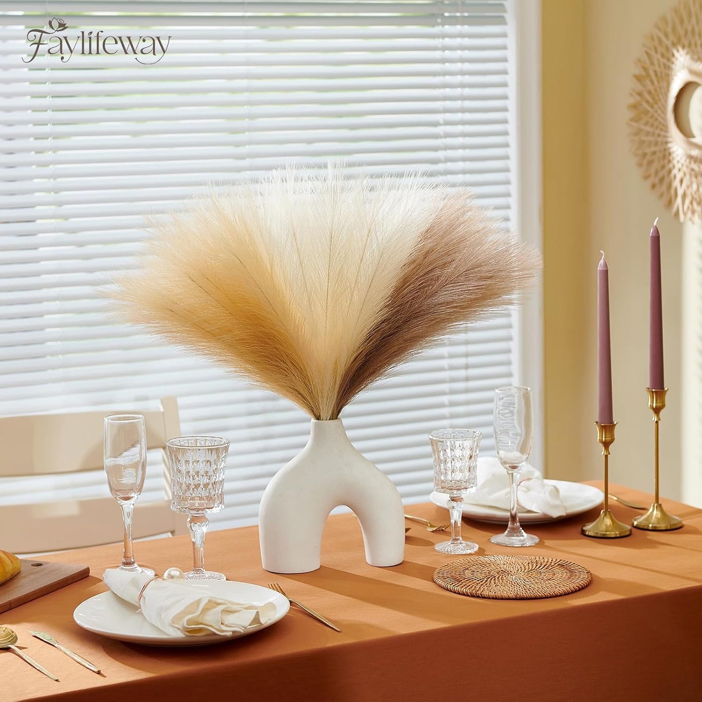 Artificial Pampas Fake Flowers Fluffy Vase Filler / Sand Beige Light Brown / 17 Inch / Set of 50