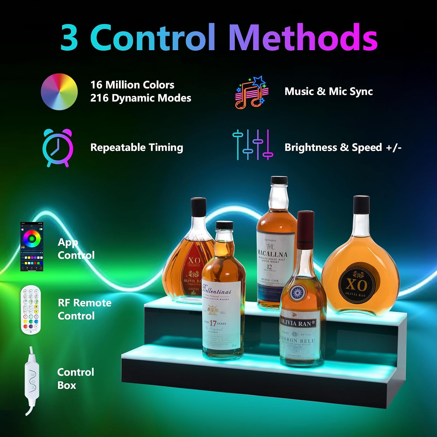 Led Lighted Liquor Bottle Display Shelf, 20 Inch 2 Tier Whiskey Rack, Support USB, Bar Stand with RF Remote & App