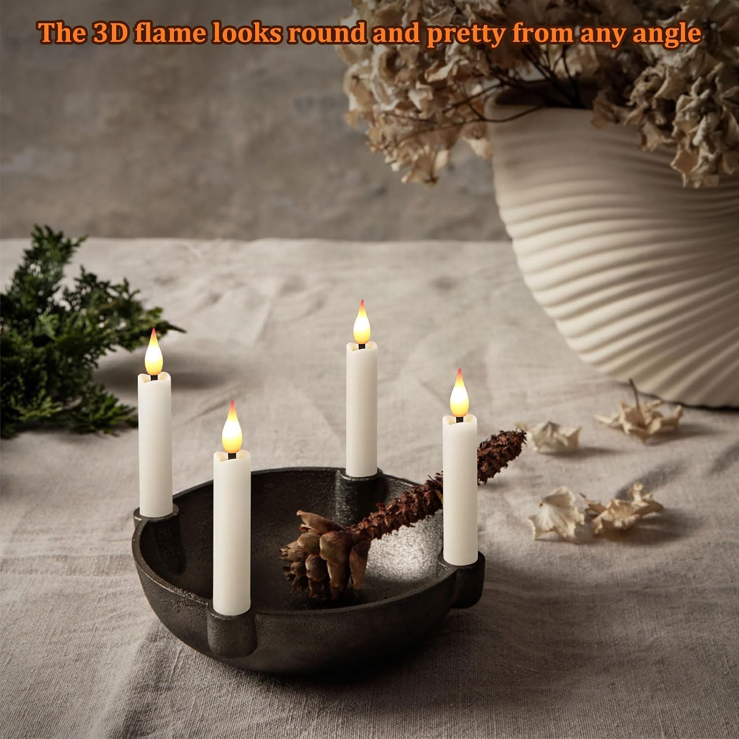 IMAGE 24Pcs LED Taper Candles Light Set Floating Effect with Fishing Line Flameless 3D Wick Ivory Candles with Clip-on