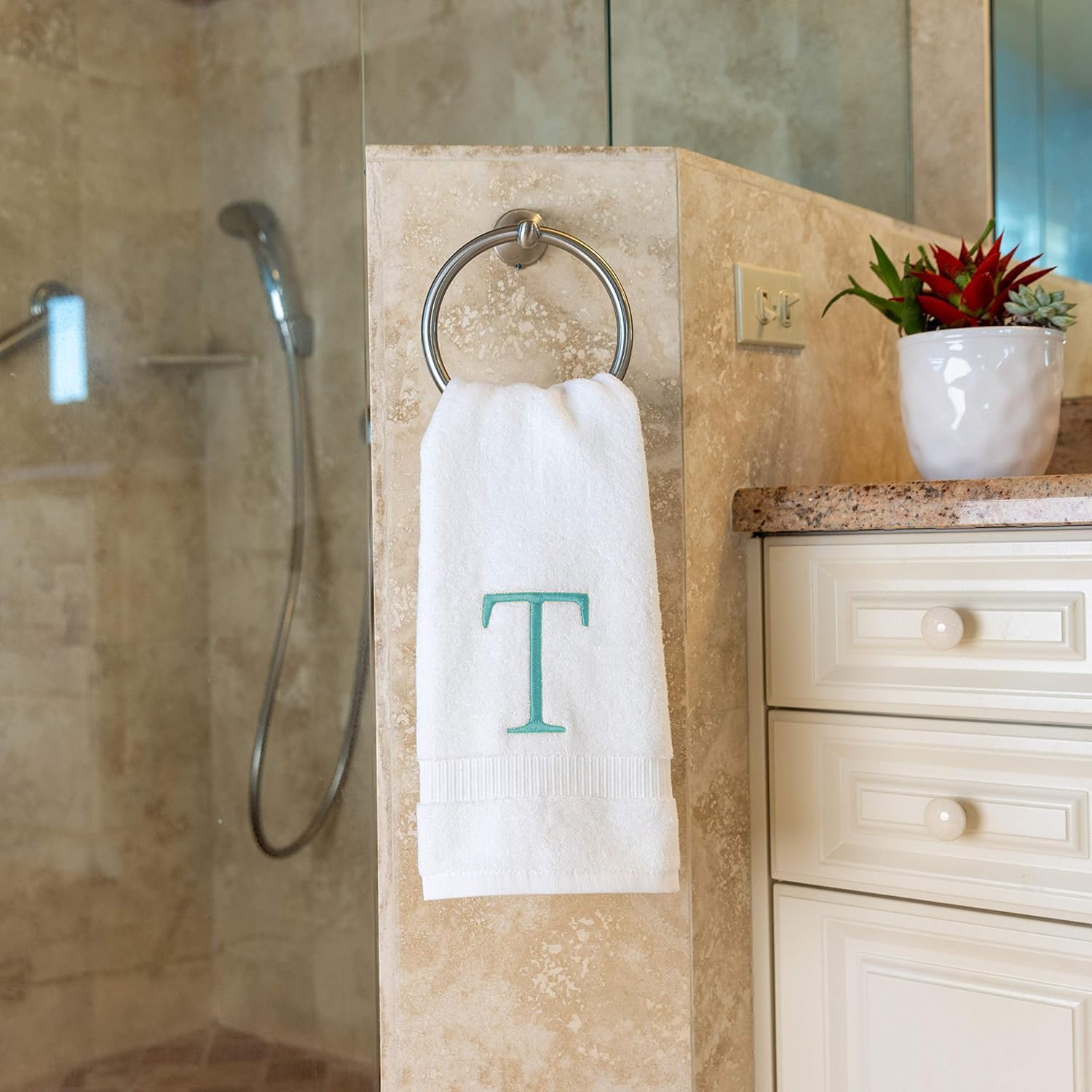 White with Teal Monogrammed Hand Towels for Bathroom - Set of 2 Letter T | Luxury Hotel Quality Initial Towels For