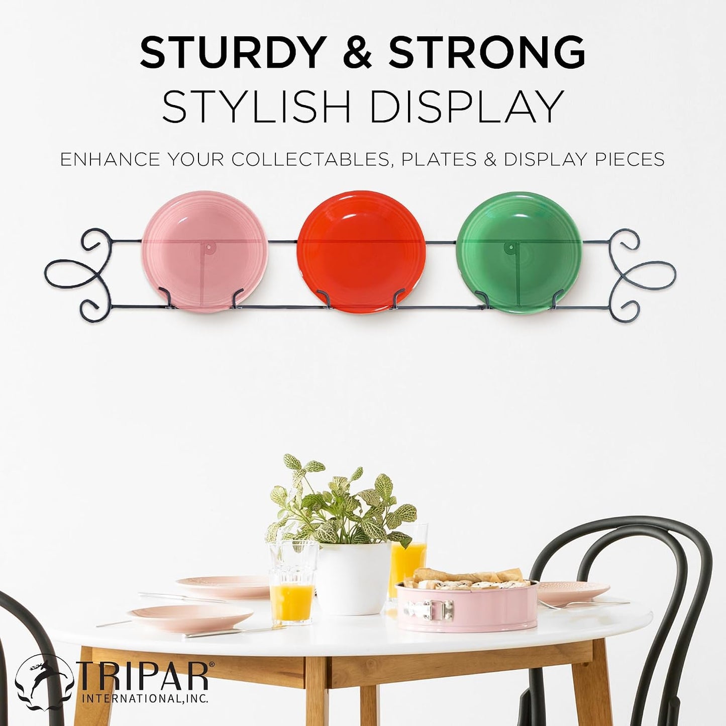 TRIPAR Horizontal Plate Rack, Black Display (3 Place) - Durable & Sturdy Metal Finish with Scroll Designs - Beautifully