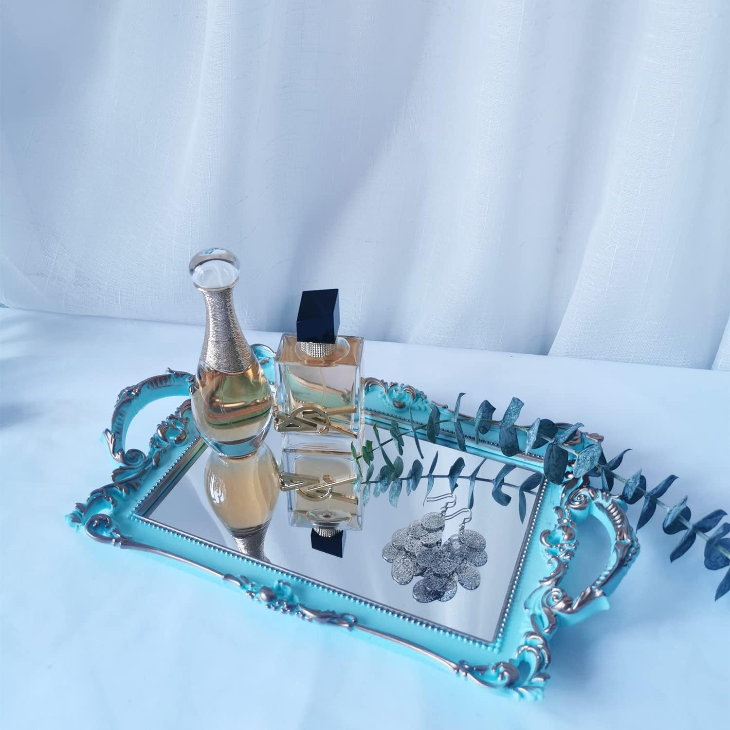 Serving Tray / Makeup Organizer / Golden Blue / 13 x 7.8