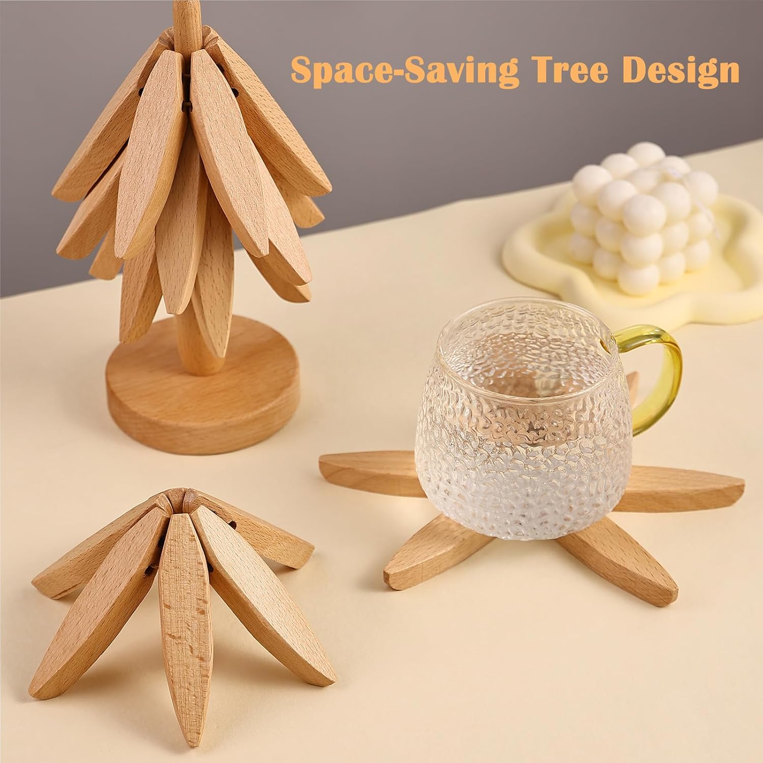 Artisanal Wooden Coasters Trivets Set / Beech Wood / Natural