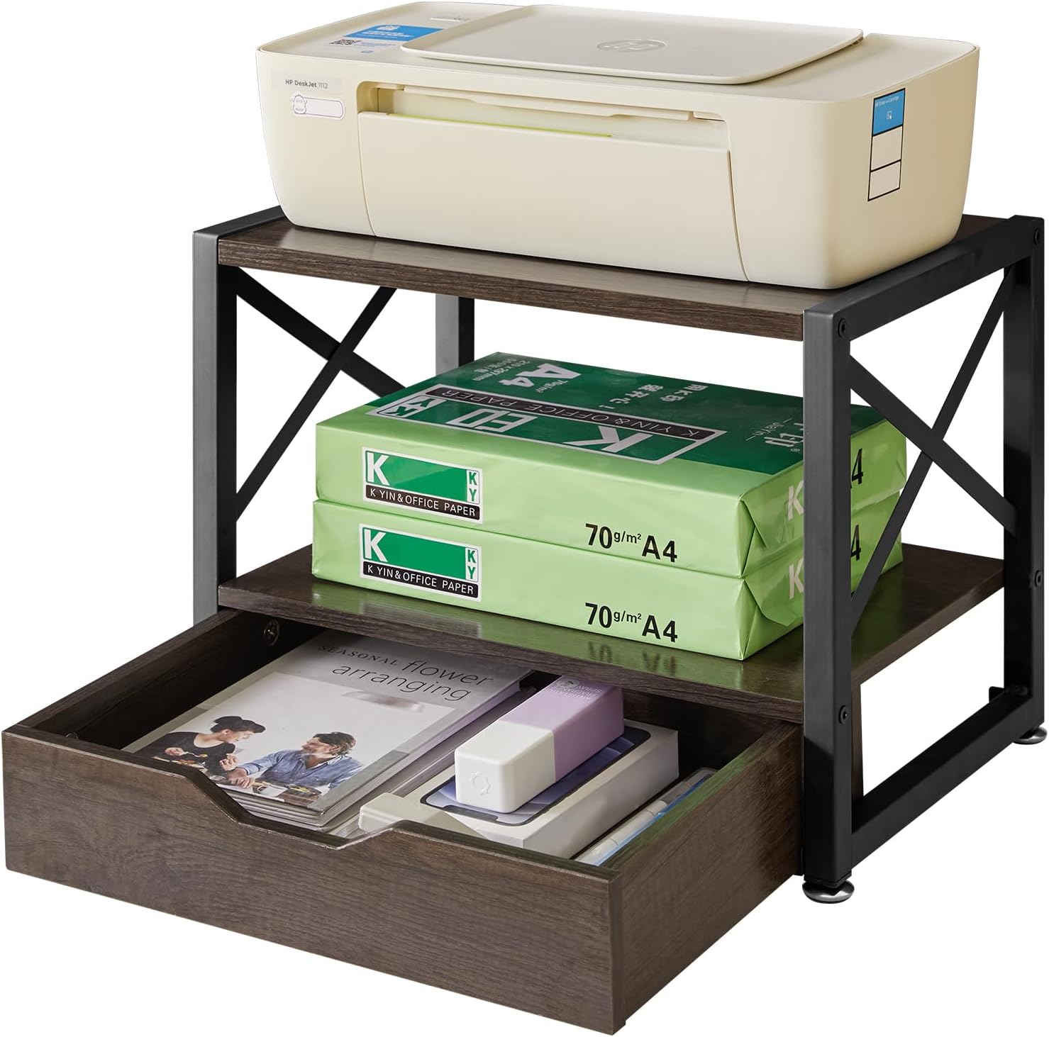 IBUYKE 2 Tier Desktop Printer Stand with Drawer Storage TLJ006G | Multi-Purpose Desk Organizer,Wooden Printer Stand for