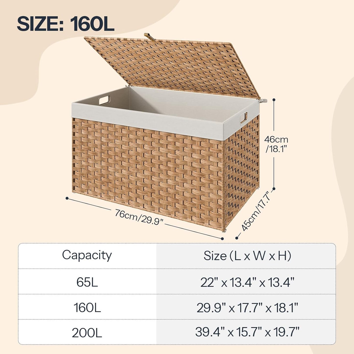 42.3 Gallon Wicker Basket / Natural / 29.9"L x 17.7"W x 18.1"H