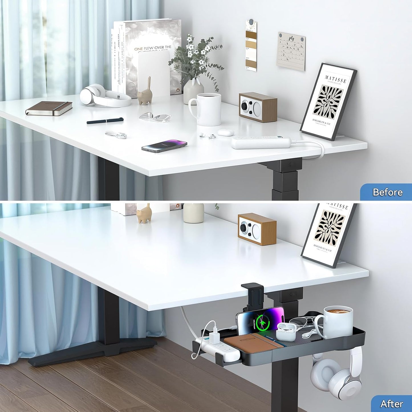 KDD Under Desk Organizer - 360° Rotating Clamp-On Tray with Headphone Hook, Phone & Tablet Holder, Cup Holder, and