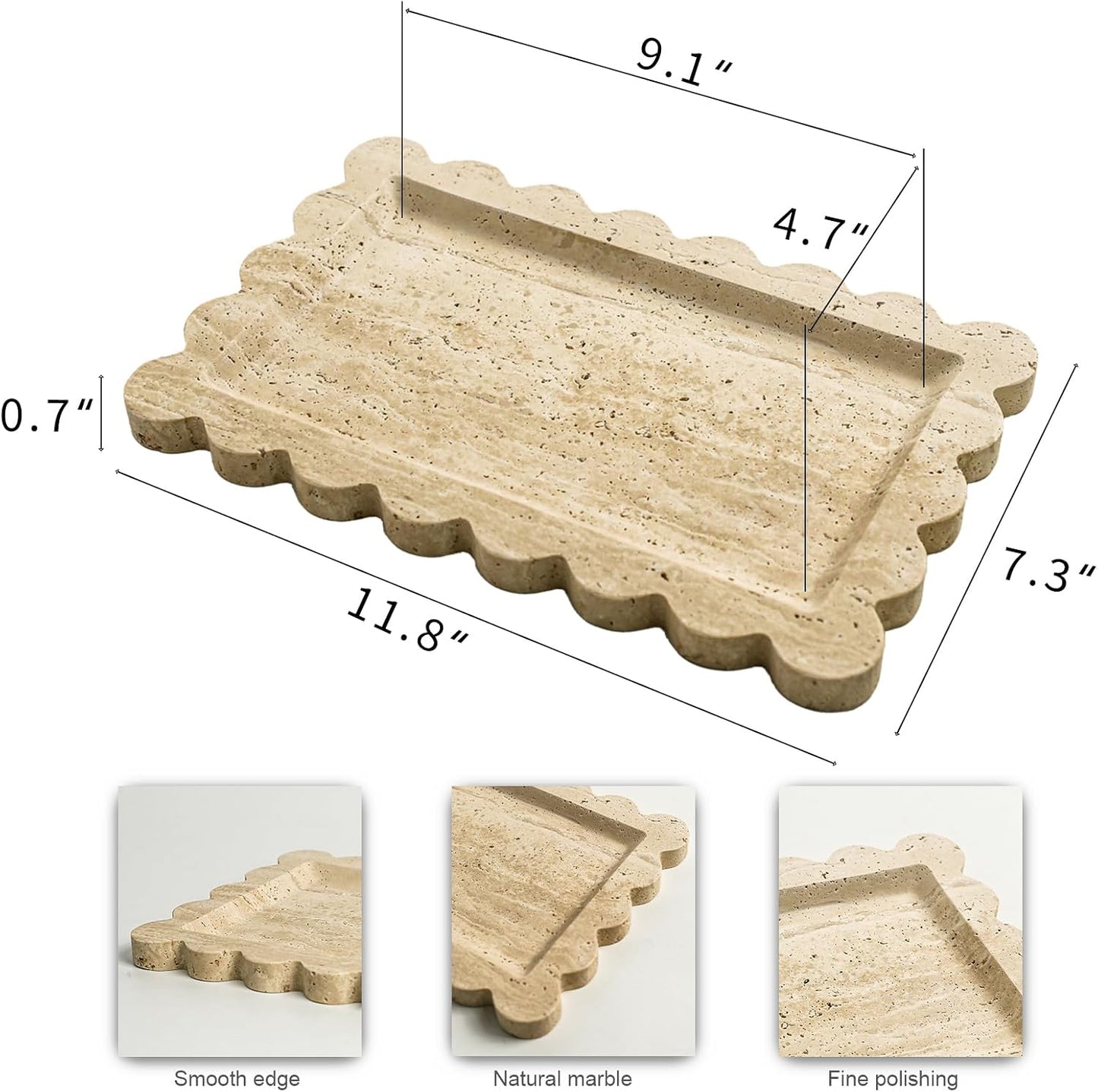 Natural 100% Marble Vanity Tray Scalloped Marble / Rectangle-beige Travertine / 11.8 x 7.4 x 0.7