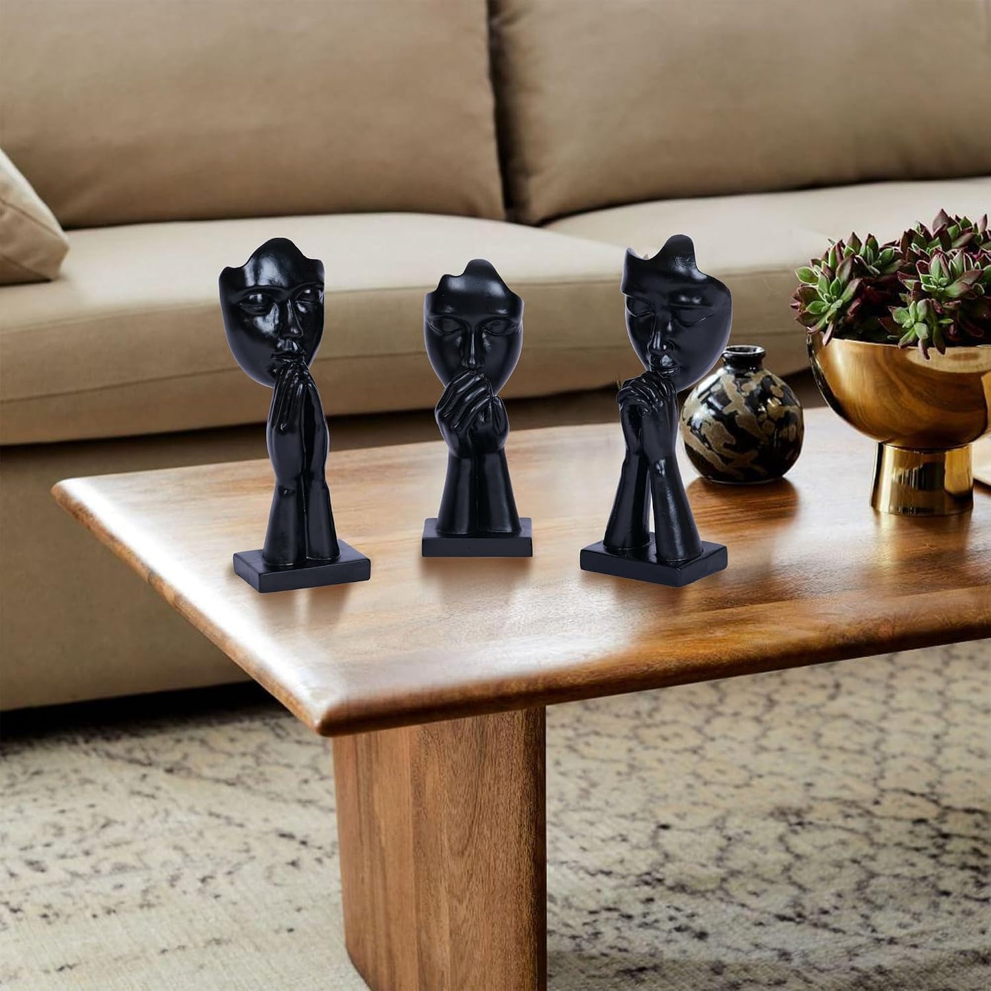 Prayer Statue Abstract Woman Black Face Sculpture Home Decorations Modern / Black Prayer / Set of 3