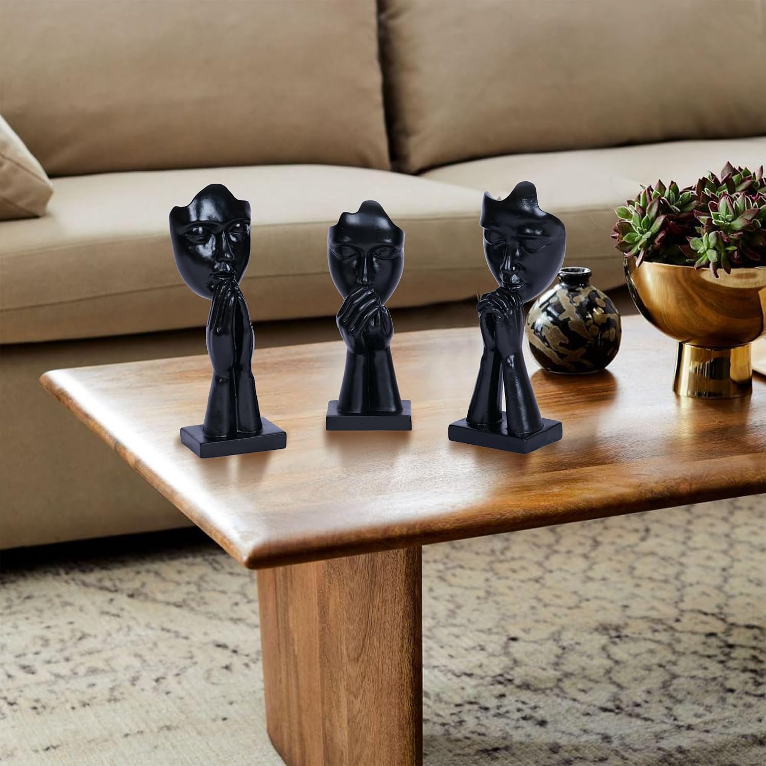 Prayer Statue Abstract Woman Black Face Sculpture Home Decorations Modern / Black Prayer / Set of 3