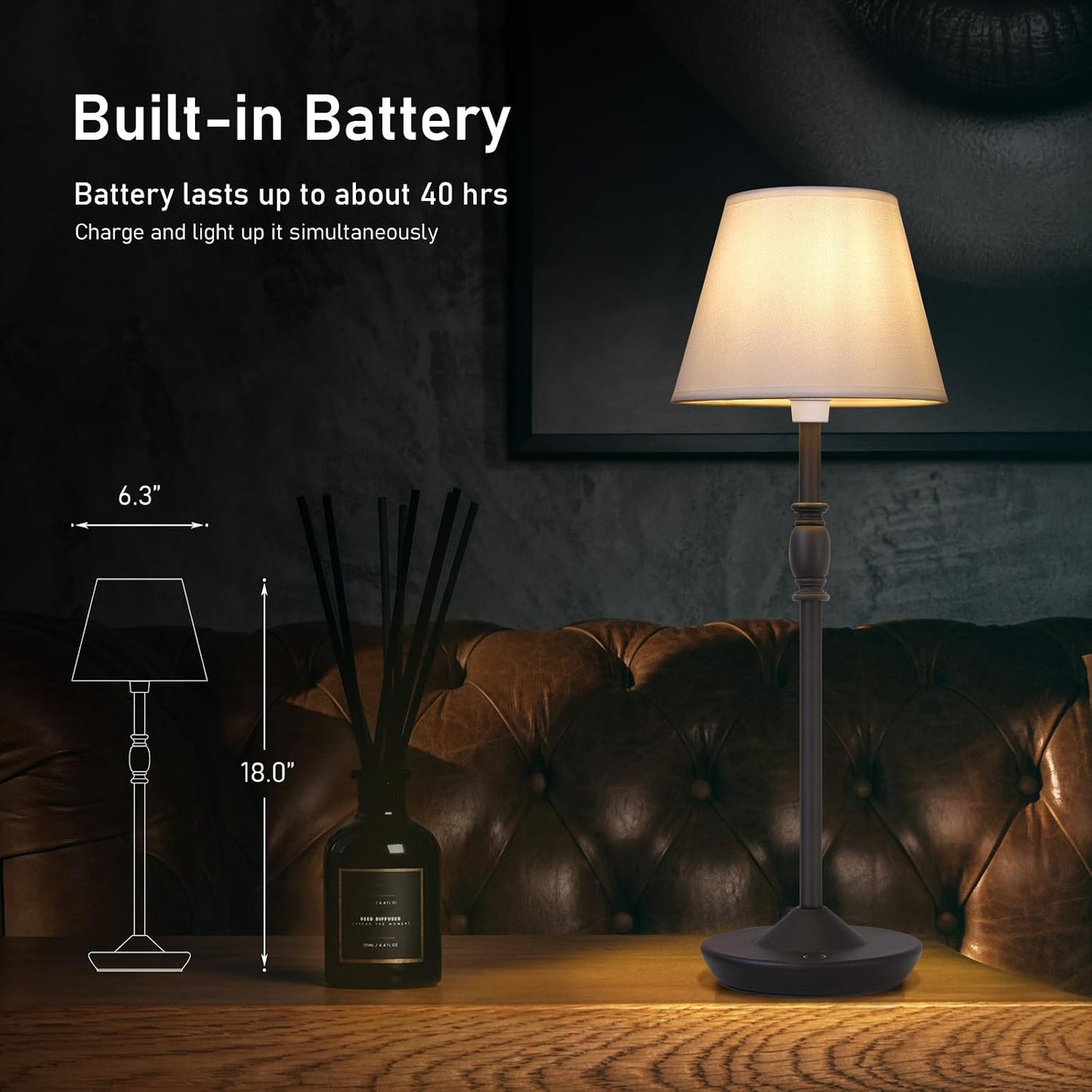 Cordless Table Lamp Portable Small LED Touch Lamp with Dimmer, 18" 2700K Rechargeable Battery Light for Bedside, Dining
