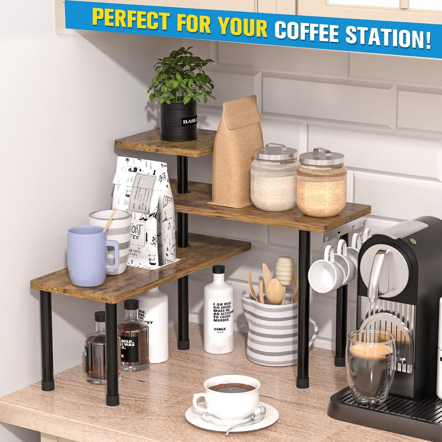 JayRex Kitchen Countertop Organizer 3-Tier Corner Shelf, Rustic Brown | Space-saving corner design organizes spices