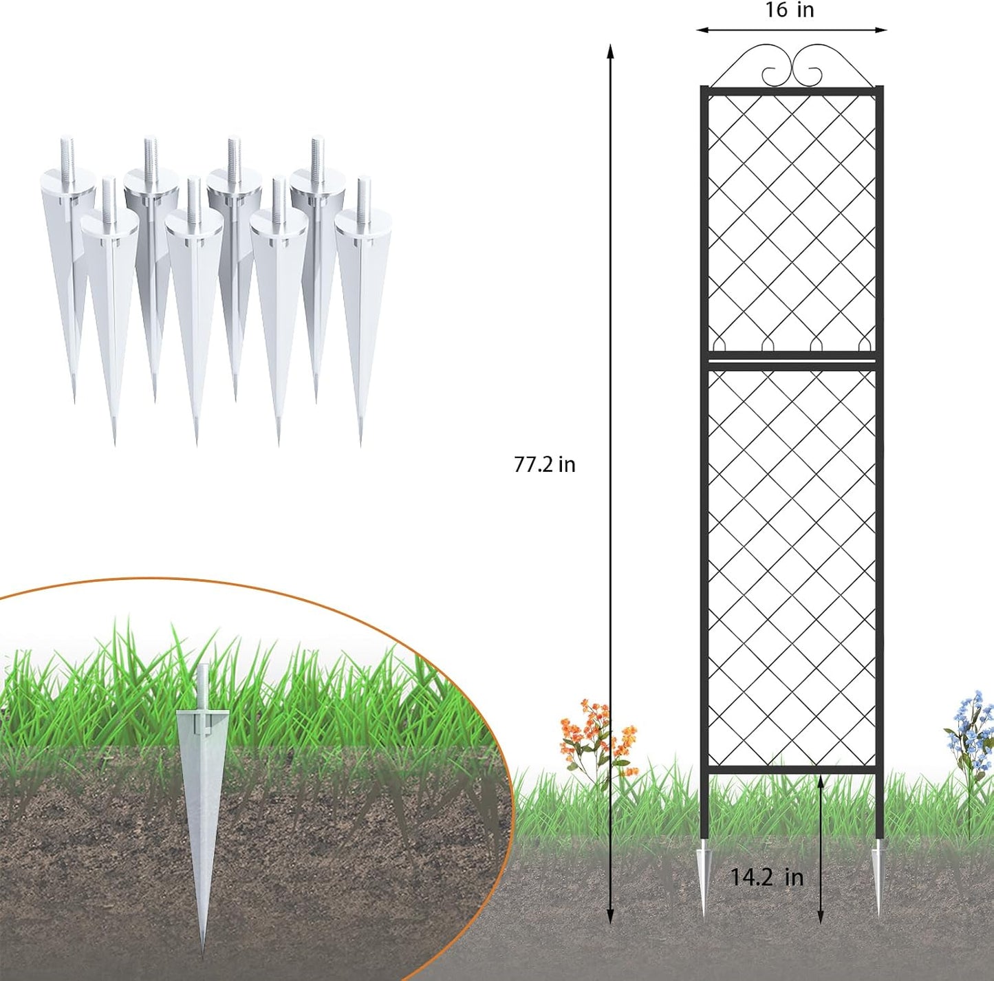 Zhongma 2 Pack Metal Garden Trellises for Climbing Plants, 77.2 Inch Tall Metal Fence Plant Support Trellis for Flower